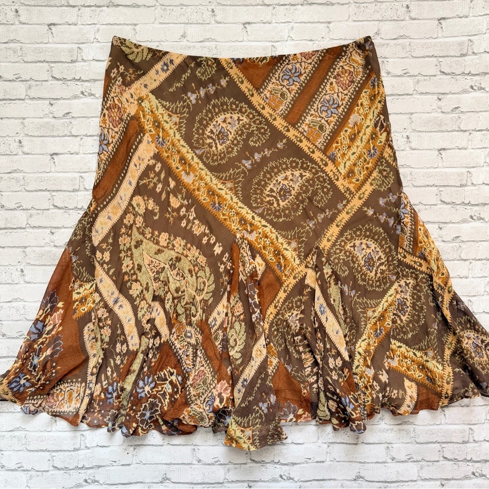 Ralph Lauren Y2K Silk Brown Paisley A-Line Skirt - Picture 3 of 10